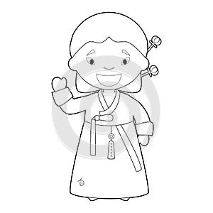 Easy coloring cartoon character from South Korea dressed in the traditional way with hanbok. Vector Illustration