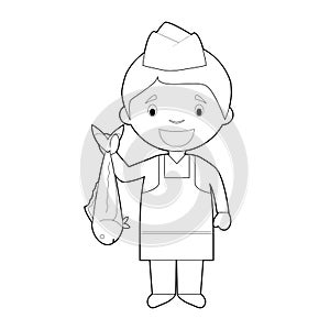 Easy coloring cartoon vector illustration of a fishmonger