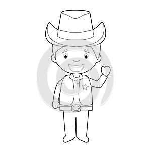 Easy coloring cowboy cartoon character from USA dressed in the traditional way. Vector Illustration