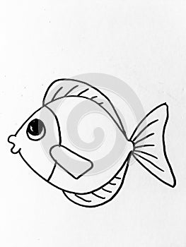Easy coloring fish for kids. isolated on a white background. Marker Hand Drawing.