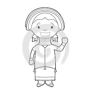 Easy coloring Padaung girl cartoon character from Myanmar Kayan Tribe dressed in the traditional way Vector Illustration