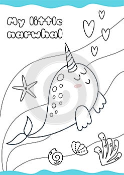Easy coloring page narwhal Cute animal coloring page for kids, for children. Kids game, child activity. Sea coloring book