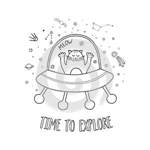 Easy coloring page of space, cat astronaut in rocket. Cute coloring page for kids. Children game, toddler activity.