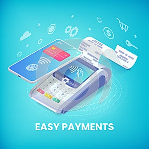 Easy contactless payment via smartphone isometric banner concept. 3d payment machine and mobile phone with credit card