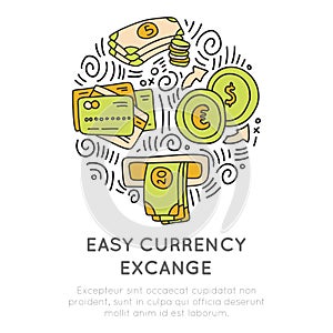 Easy currency excange in travel icon concept. Vector hand draw cartoon icon about money, coins, atm and credit card