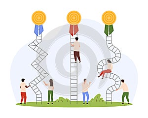 Easy and difficult career challenge, find choice for growth, tiny people climbing ladder
