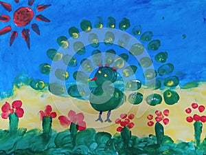 easy finger painting for preschool children, namely a peacock