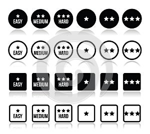 Easy, medium, hard level with stars icons set