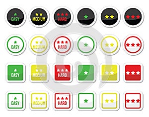 Easy, medium, hard level with stars icons set