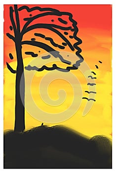 Easy Mind Calm  Tree  Sunset Painting  for  Beginners