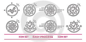 Easy operation process, gear, data update line icon set. Optimize and effective finish work, transfer money, upload file. Vector