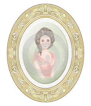 Watercolor and lead pencil drawing with young brunette girl in golden oval frame