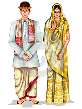 Assamese wedding couple in traditional costume of Assam, India photo