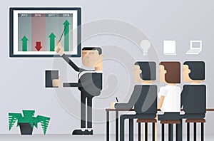 Easy to edit vector illustration of business presentation class, businessman pointing at a board