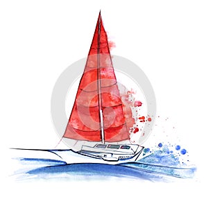 Easy walking white abstract yacht sailboat with red sails sailing in the drift water. Boat at sea. Hand-drawn watercolor