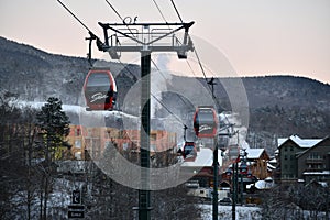 Easy way Gondola lift at Stowe Ski Resort in Vermont, view to the Spruce Peak village