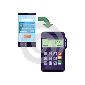 Easy wireless payment method using smartphone and banking POS-terminal. Online money transaction concept. Flat icon