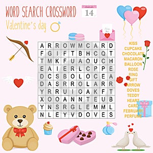 Easy word search crossword puzzle `Valentine`s day`