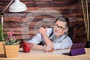 Easygoing Lesbian Working at Desk