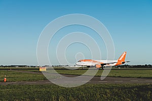 easyJet airplane is ready to take off from the runway, Airbus A320, runway Polderbaan