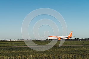 EasyJet airplane is ready to take off from the runway, Airbus A320, runway Polderbaan