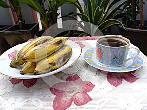 Eat Boiled Uli Bananas and Drink Bitter Coffee During The Day in Rawalumbu of Bekasi, Indonesia