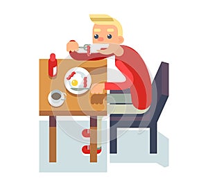 Eat breakfast coffee table chair guy fried eggs Isolated Icon Flat Design Character Vector Illustration