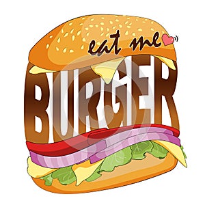 Eat Burger ordered on the fast food menu. Hamburger with cutlet, tomatoes and onion. Logo icon vector illustration design