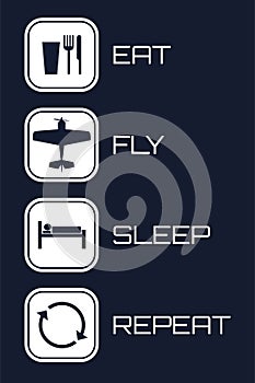 Eat Fly Sleep Repeat Icons on blue background