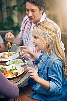Eat good, feel good. a happy little girl enjoying an outdoor lunch with her family.