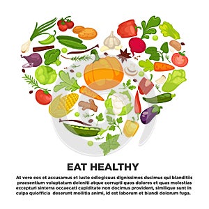 Eat healthy commercial poster with tasty vegetables inside big heart. Banner to encourage people to have proper organic
