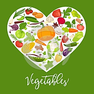 Eat healthy commercial poster with tasty vegetables inside big heart. Banner to encourage people to have proper organic