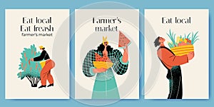 Eat local concept. Farmers market invitation card set with funny characters picking and selling fruits and vegetables