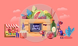 Eat Local Concept. Tiny Male and Female Characters Buy Fresh Healthy Tasty and Organic Seasonal Food without Exporting photo