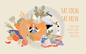 Eat local. Eat fresher. Conceptual illustration with advertising of local farm products. Banner template with vegetables, meat and