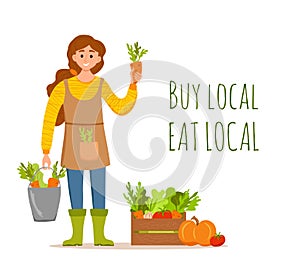 Eat local organic products cartoon vector concept. Colorful illustration of happy farmer