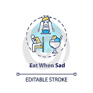 Eat when sad concept icon. Emotional eating, mindless nutrition idea thin line illustration. Unhealthy habit, careless