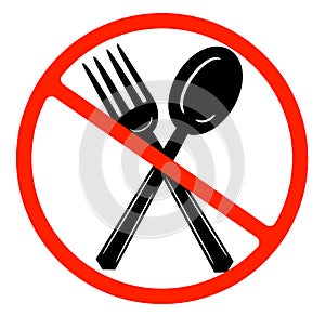 Eat sign icon. Cutlery symbol. Fork and spoon. Red prohibited sign. Stop symbol