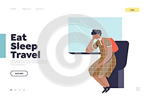 Eat, sleep, travel landing page concept with woman sleep while travelling by train