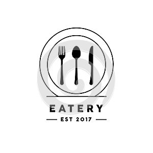 Eatery restaurant logo with knife, fork, spoon and plate icon.