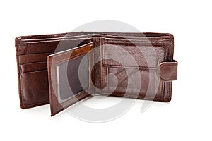 Eather wallet open against white background