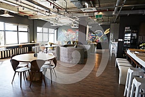 Eating and casual meeting area in the office of a creative business, daytime, no people