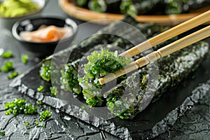 Eating chuka Sushi Rolls with Chopsticks in Hands, Taking Sushi Roll, Eating Susi in Japanese Restaurant