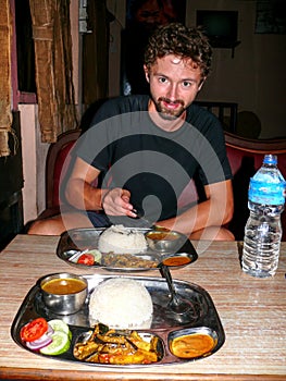 Eating Dal Bhat for dinner in Kathmandu