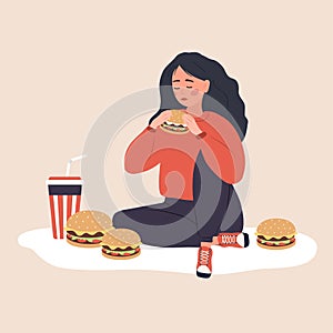 Eating disorder. Depressed woman eating fast food. Concept of extreme overeating. Bad habits. Food addiction. Vector