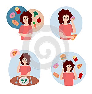 Eating disorder. Sad woman worries about being overweight. Overeating, bulimia, anorexia. Food addiction concept