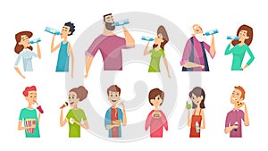 Eating and drinking characters. Drink water, bottle in people hands. Person eat different food, isolated vector set