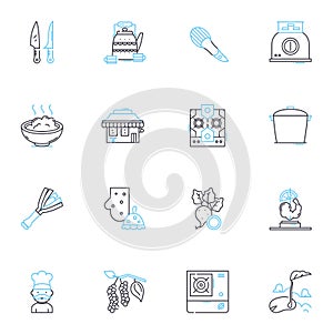 Eating establishments linear icons set. Restaurant, Cafe, Diner, Bistro, Brasserie, Eatery, Tavern line vector and photo