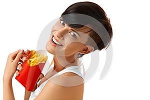 Eating Fast Food. Girl Eating French Fries. Nutrition. Lifestyle