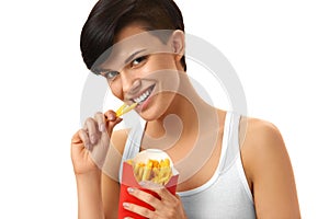 Eating Fast Food. Girl Eating French Fries. Nutrition. Lifestyle